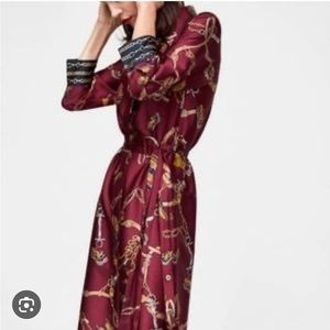 Zara - beautiful burgundy with butterflies long silk dress with belt - size XS